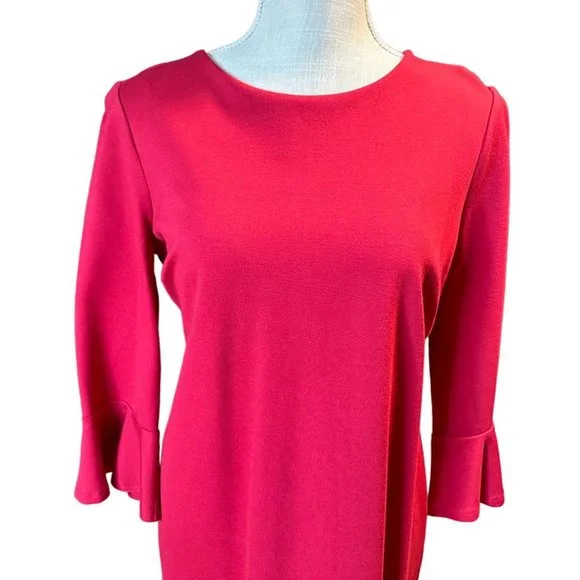 Chico’s Red Dress Bell Flare 3/4 Sleeves Midi Women Valentine Round Neck Holiday - Picture 3 of 11